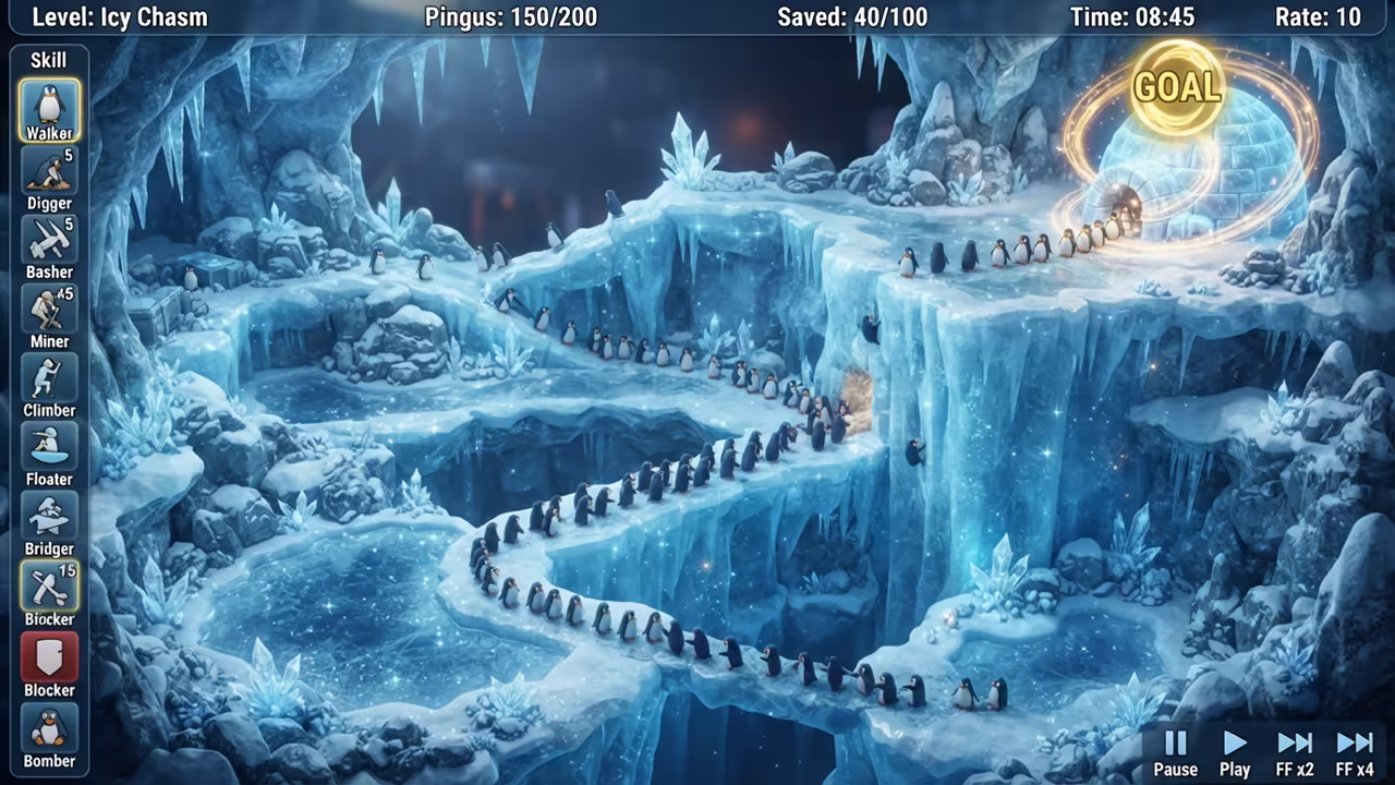 Pingus game interface showing a complex level strategy