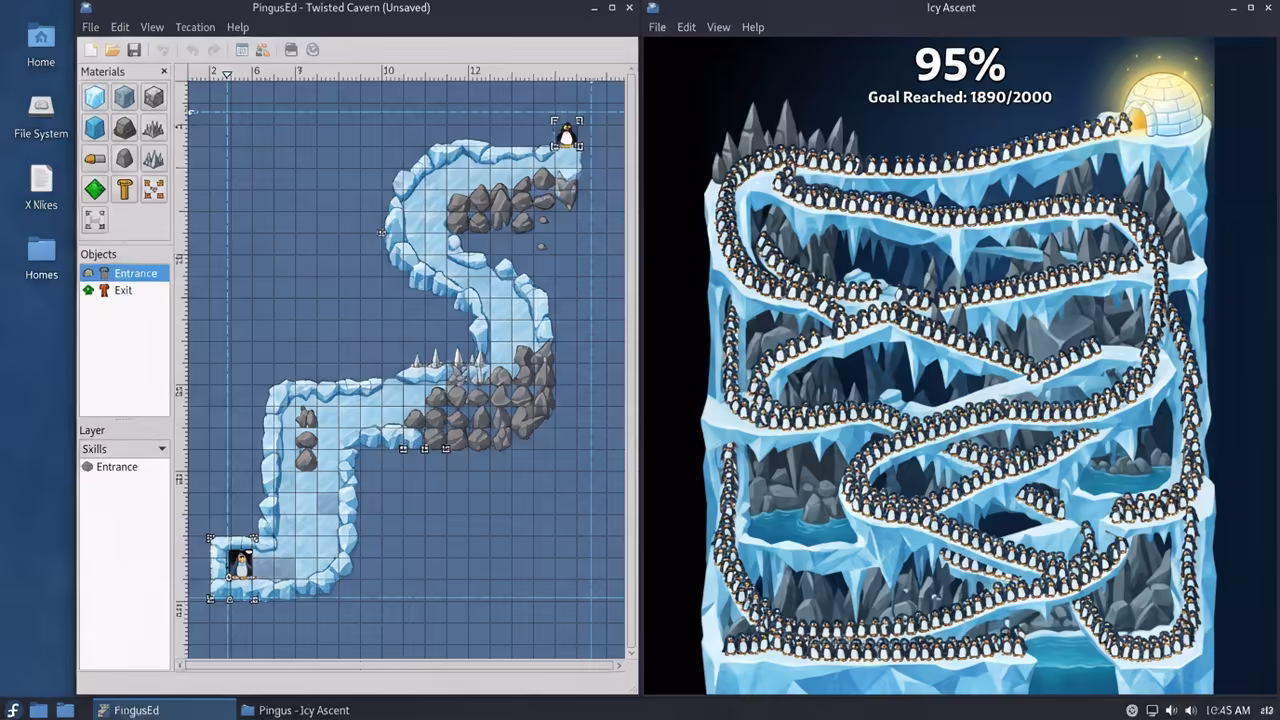 Split screen of Pingus level editor and a completed level