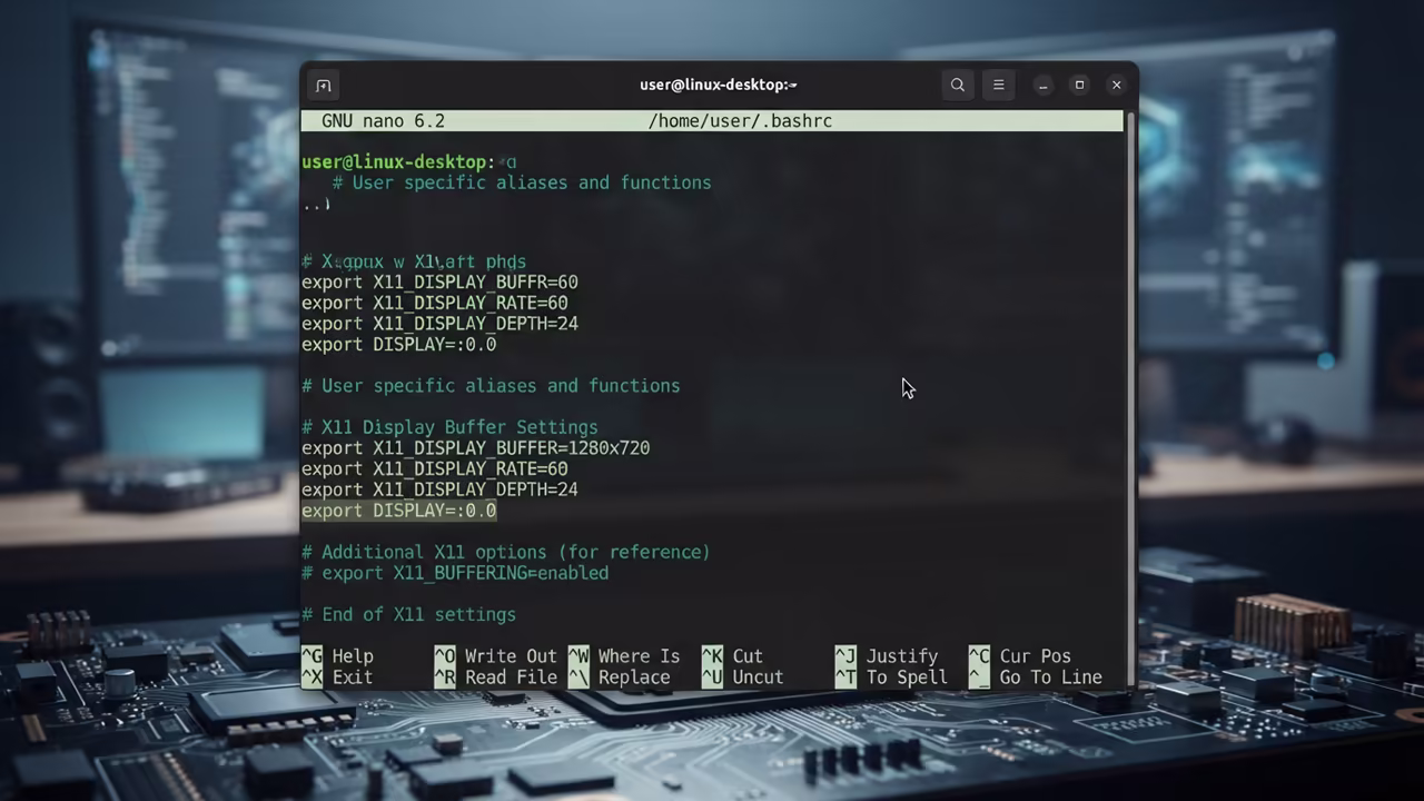 Nano editor showing X11 display buffer environment variables