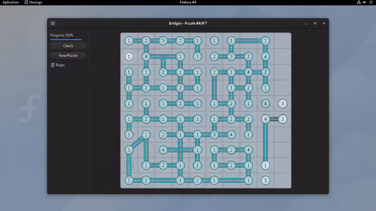 Bridges puzzle interface on Fedora 44