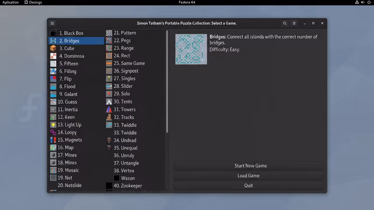 SGT Puzzles game selection menu