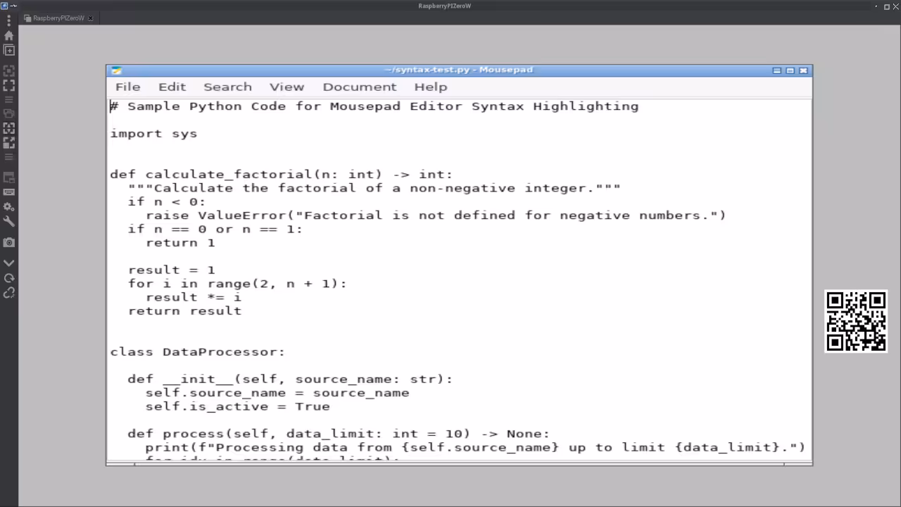 VNC viewer showing Mousepad text editor on Pi Zero W