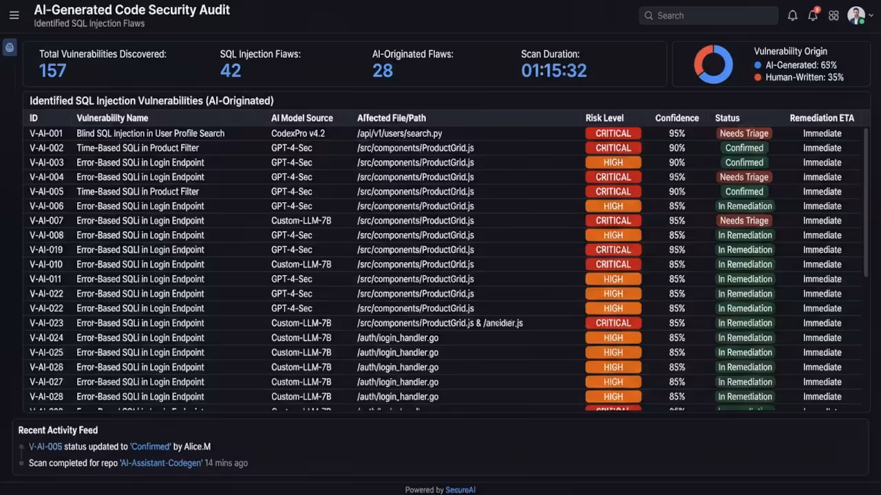 Security scanner dashboard showing AI SQL vulnerabilities