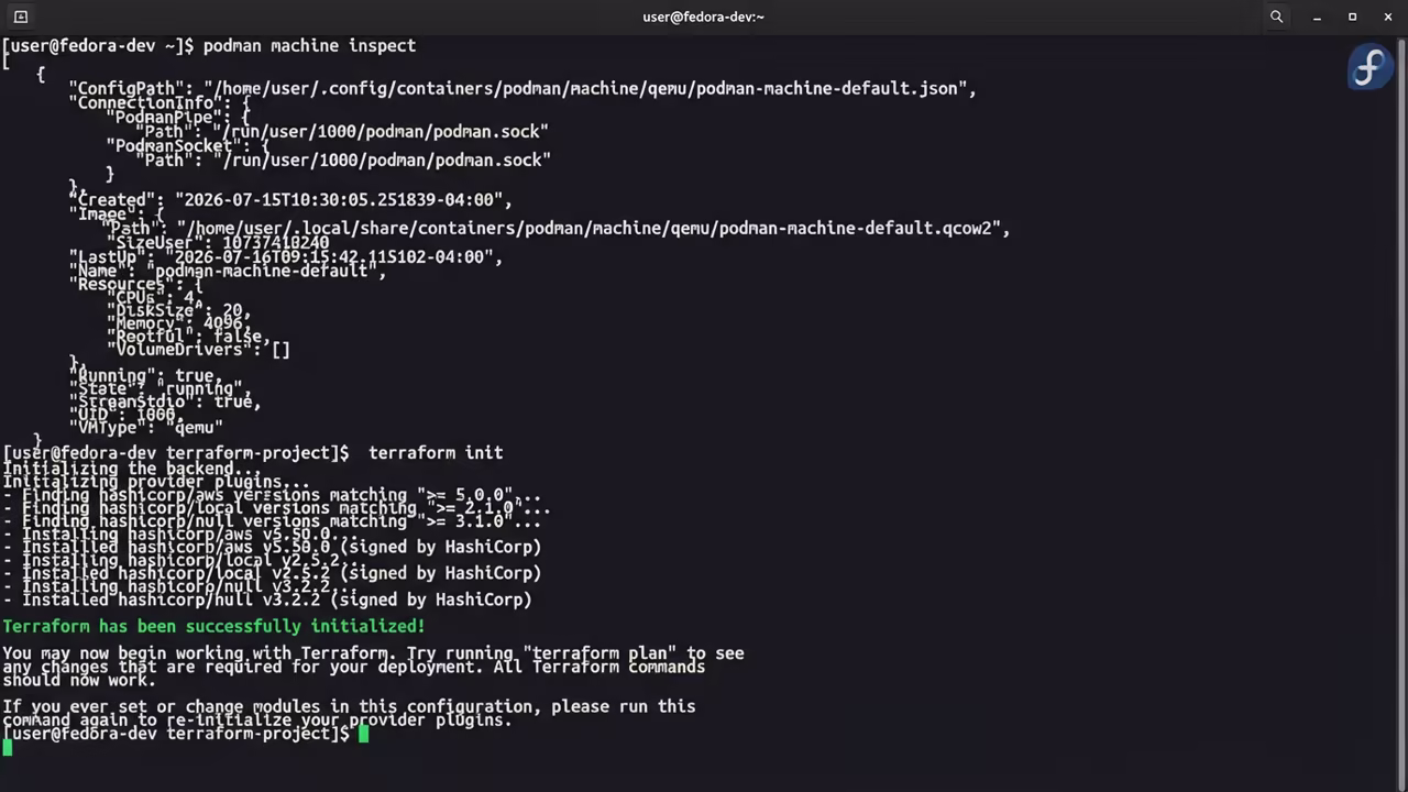 Fedora 44 terminal showing terraform init