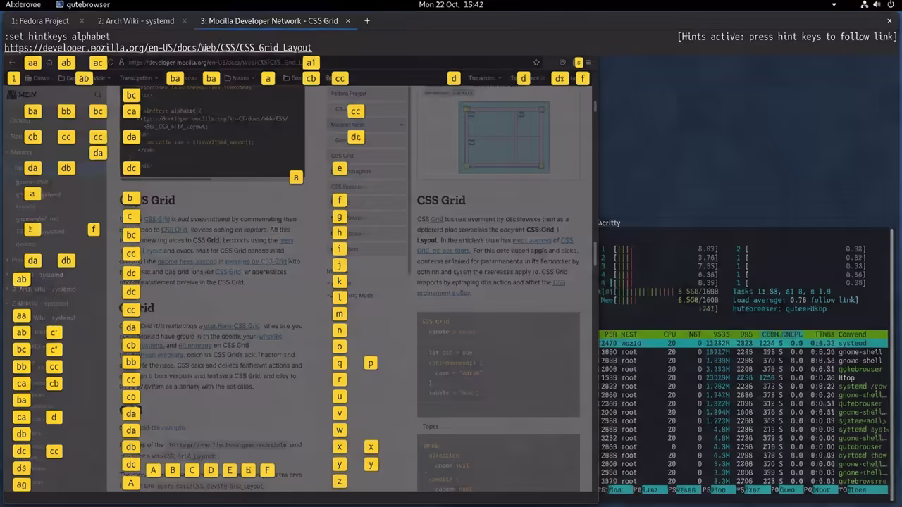 qutebrowser interface on Fedora 44 with hint mode active