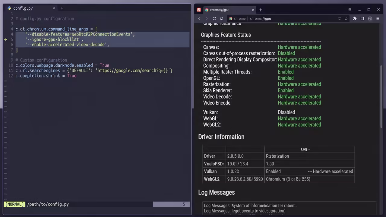 Neovim config.py side by side with chrome gpu page