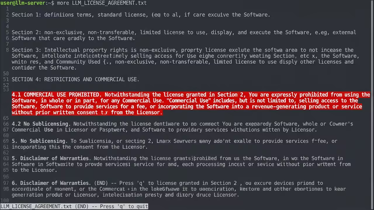 License agreement text on a Linux terminal highlighting restrictive clauses