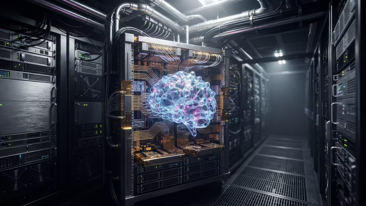 Glowing neural network core integrated into a server rack