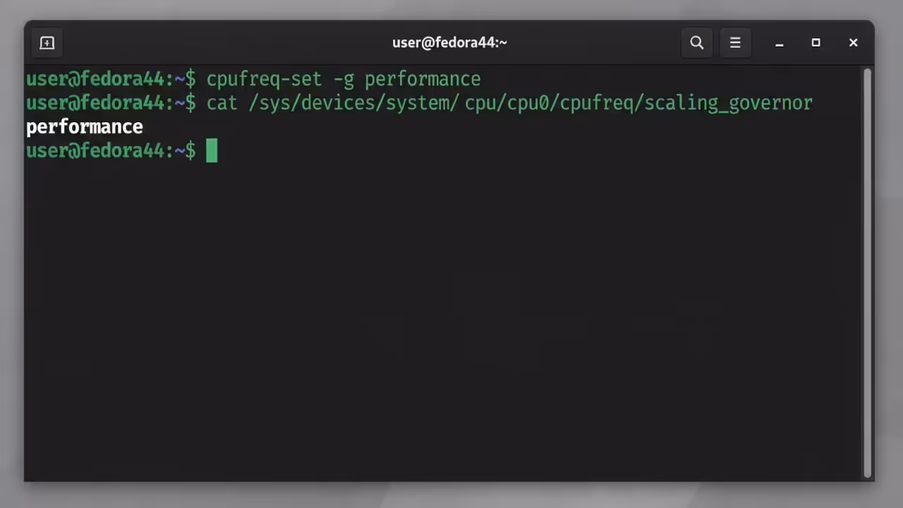 Terminal output showing CPU performance governor active