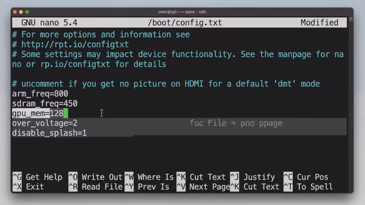Configuration file showing gpu_mem set to 128