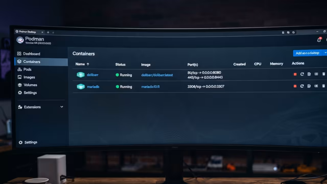 Podman Desktop interface on Fedora 44 showing running containers