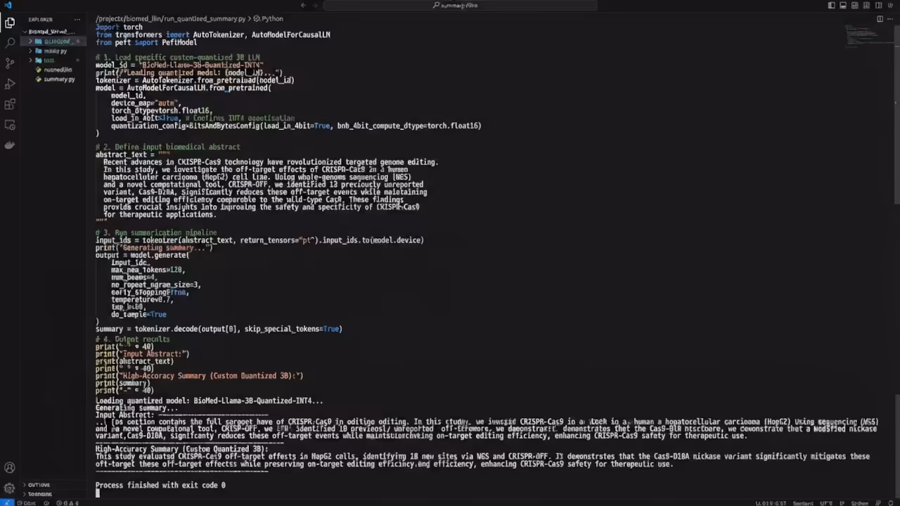Custom-quantized 3B LLM code snippet for biomedical summarization