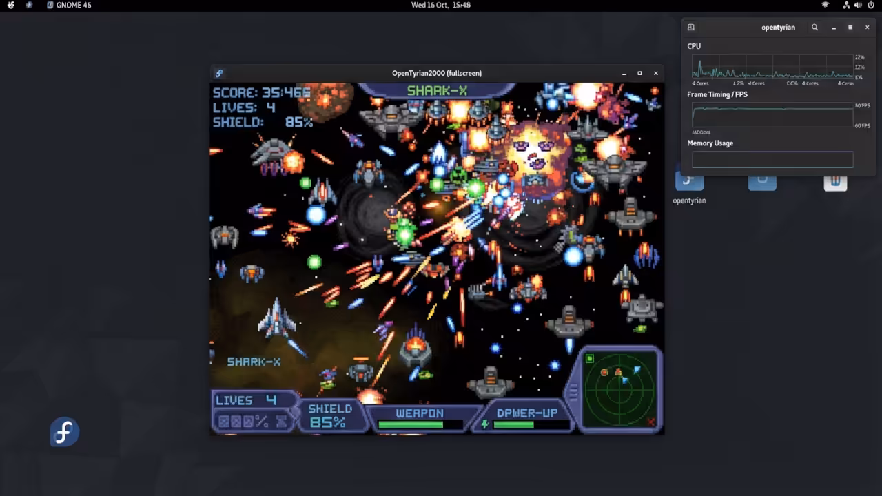 OpenTyrian2000 gameplay interface on Fedora 44