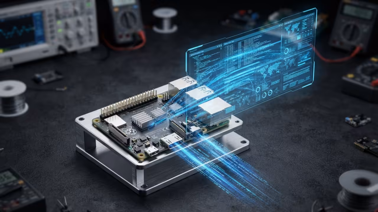 Isometric view of Pi Zero W with glowing data streams