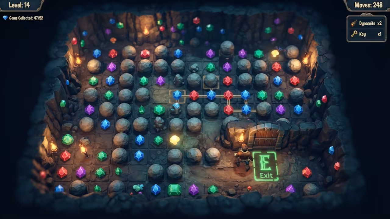 Gameplay showing complex underground map with gemstones