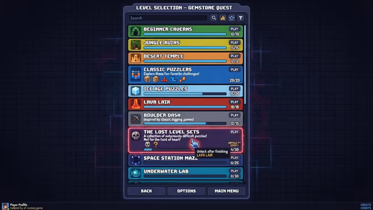 Level selection screen showing available level sets