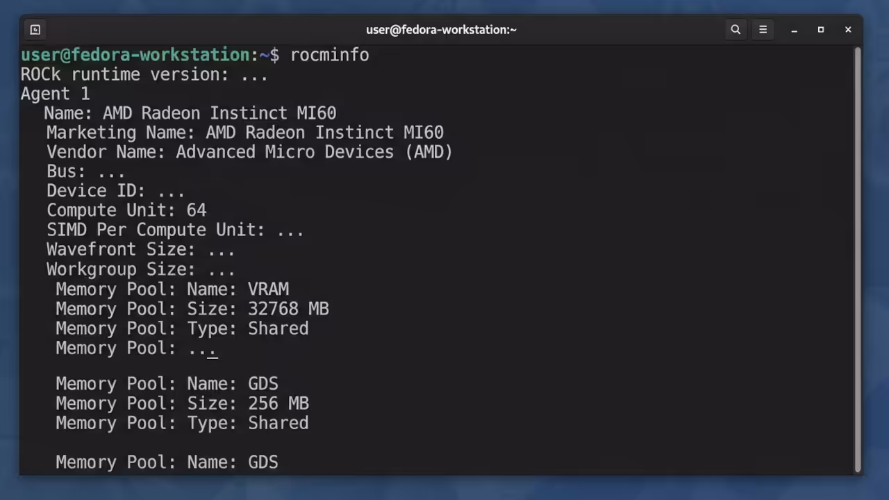 rocminfo terminal output showing 32GB VRAM