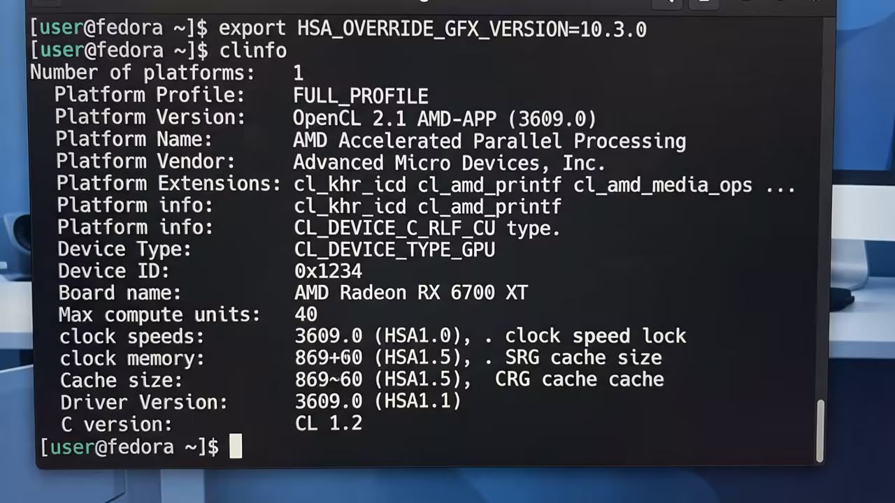 Fedora terminal showing GPU override command
