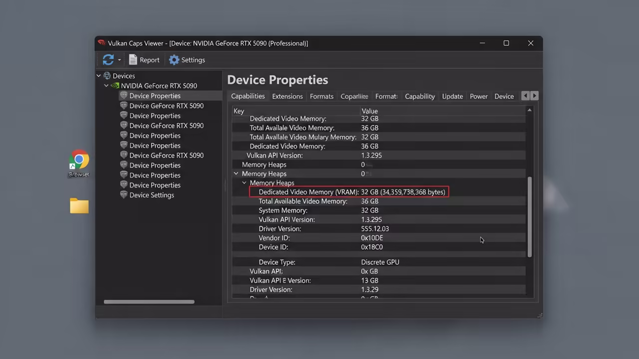 Vulkan Caps Viewer showing 32GB VRAM