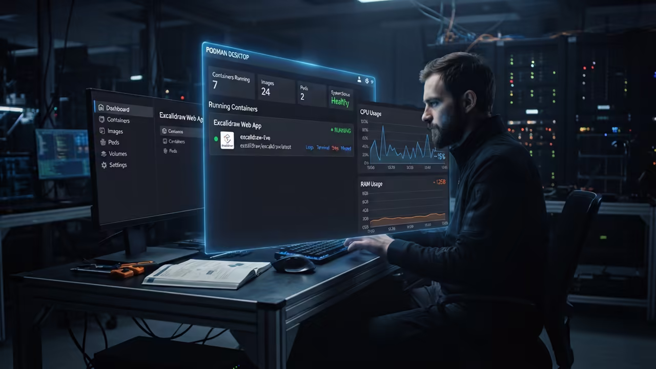 Podman Desktop dashboard showing the running excalidraw container
