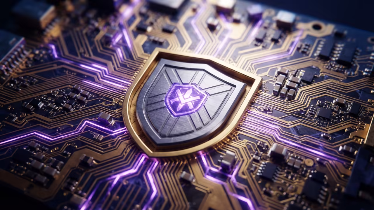 Brushed titanium shield symbol on gold circuit board