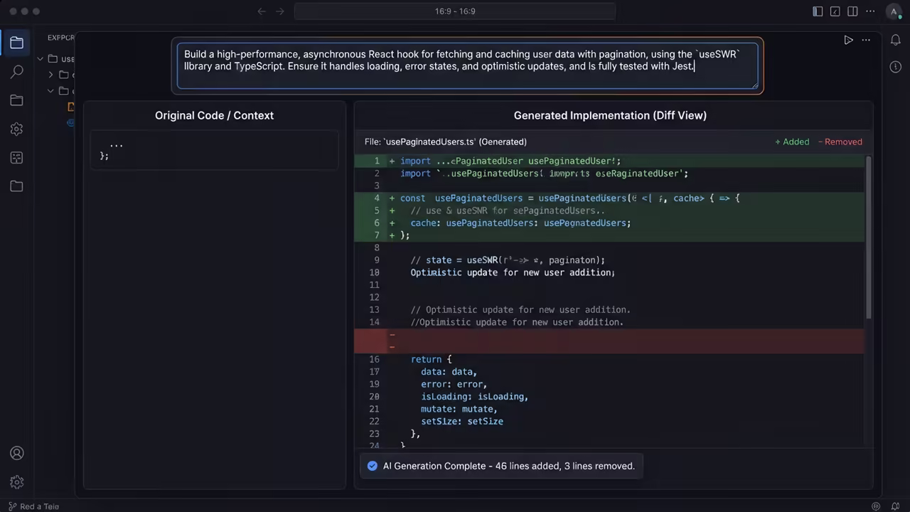 AI coding interface with English prompt and code diff