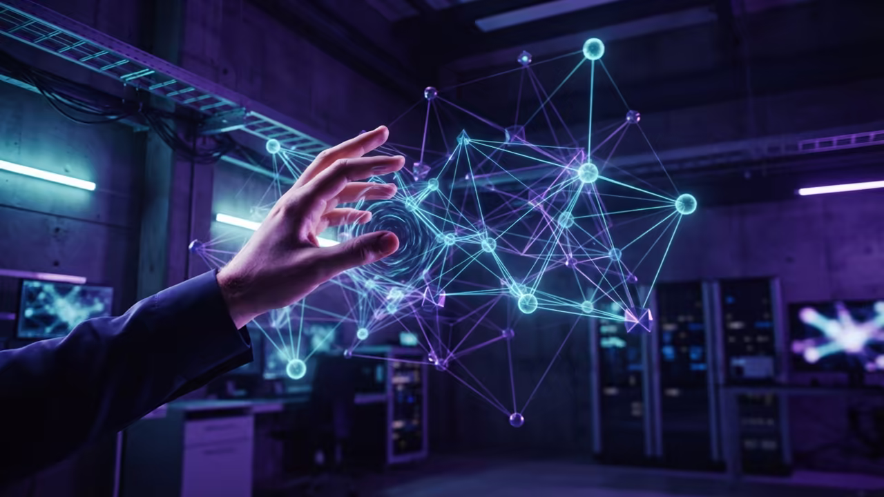 3D network of glowing nodes representing system flow
