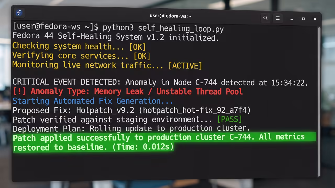 Fedora terminal running self healing loop