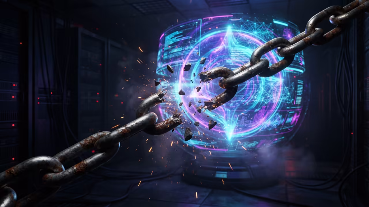 A glowing holographic server core breaking steel chains