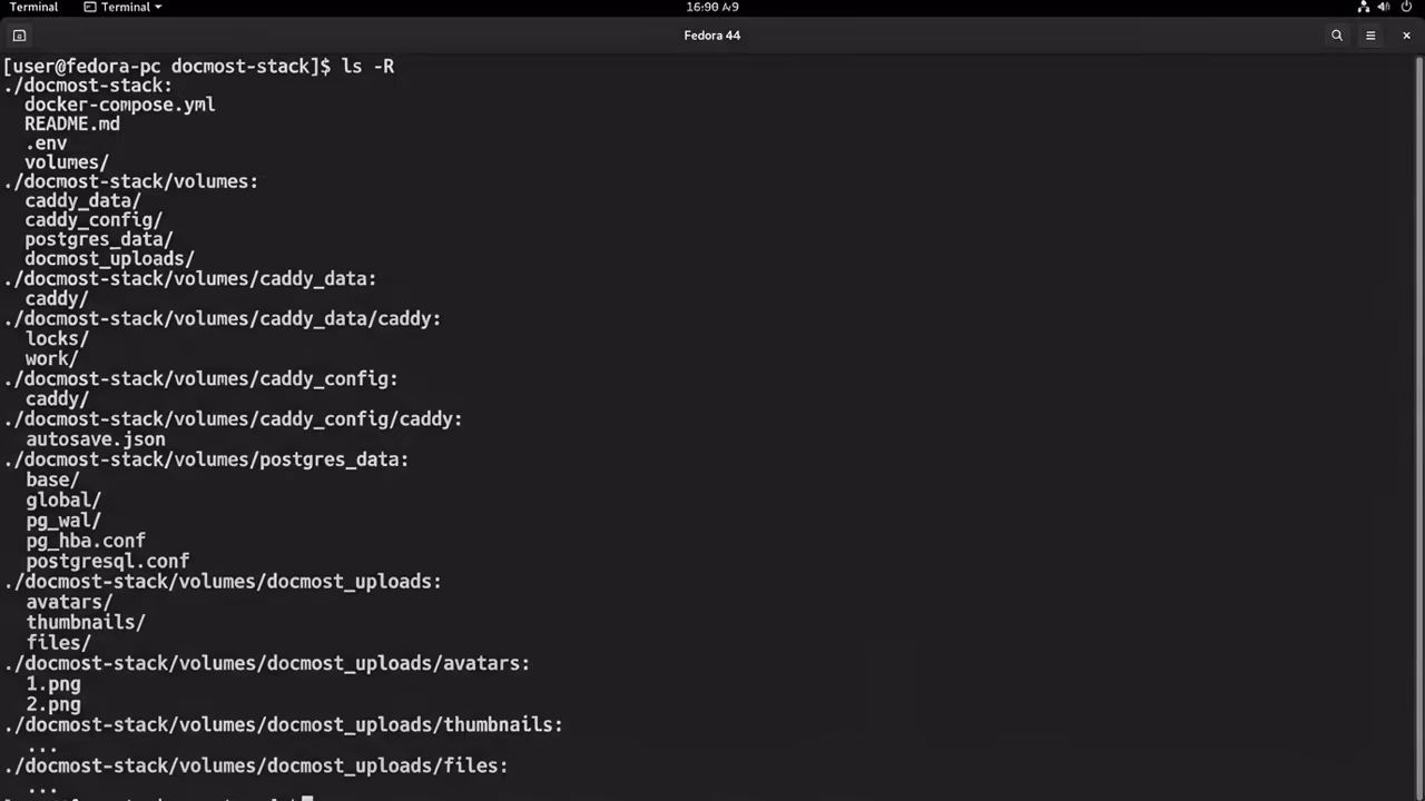 Fedora terminal showing docmost stack directory structure