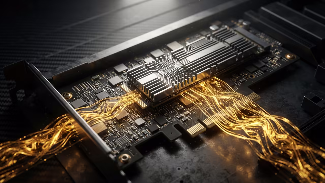 NVMe SSD with glowing data streams