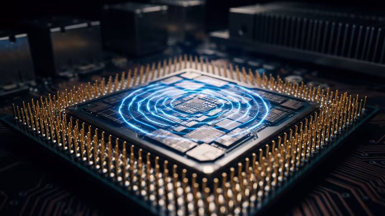 Ryzen 5 CPU die with blue energy pulses