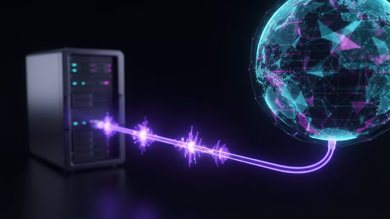 Glowing network cable connecting server to digital globe