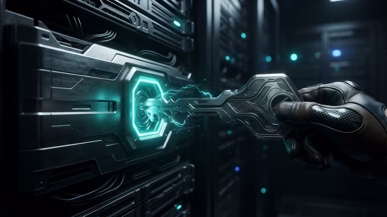 Futuristic metallic key in server port