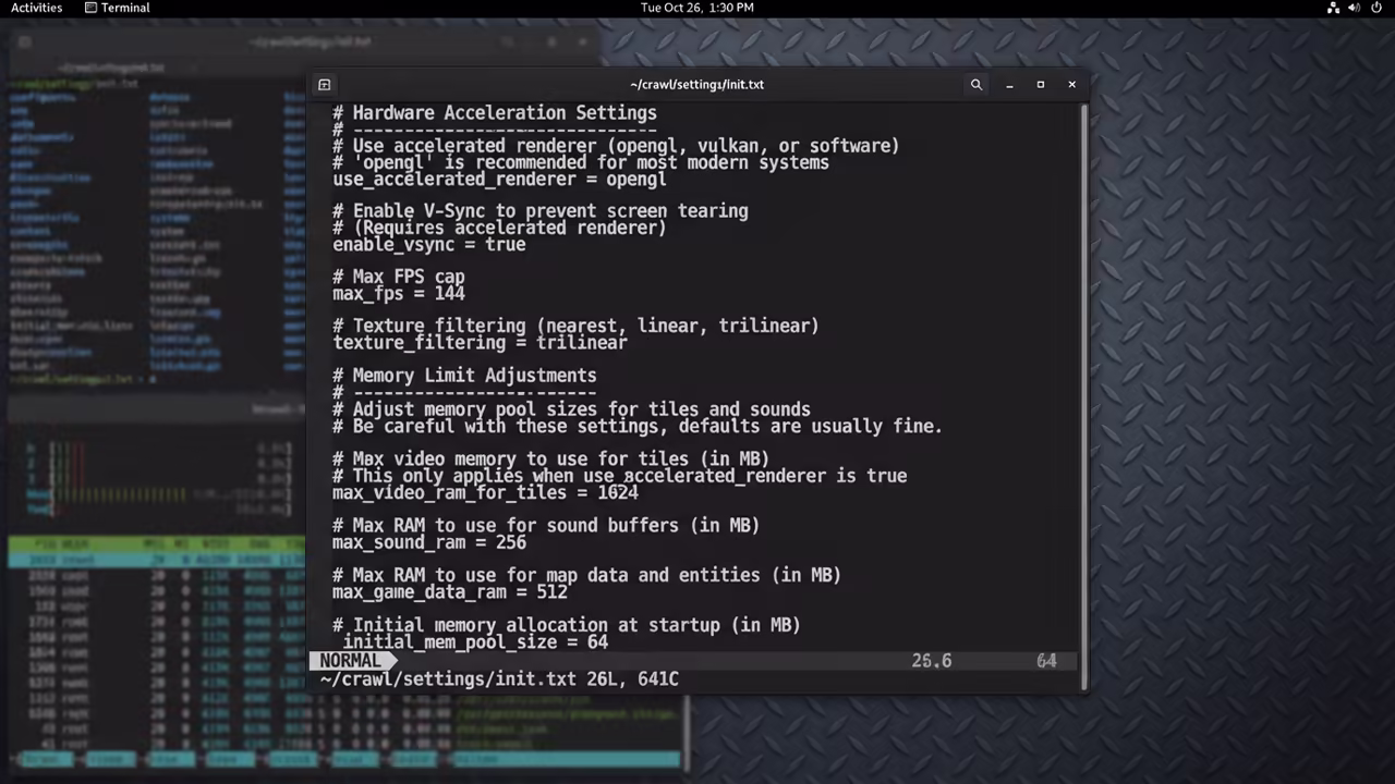 Config file showing memory limit adjustments in Vim