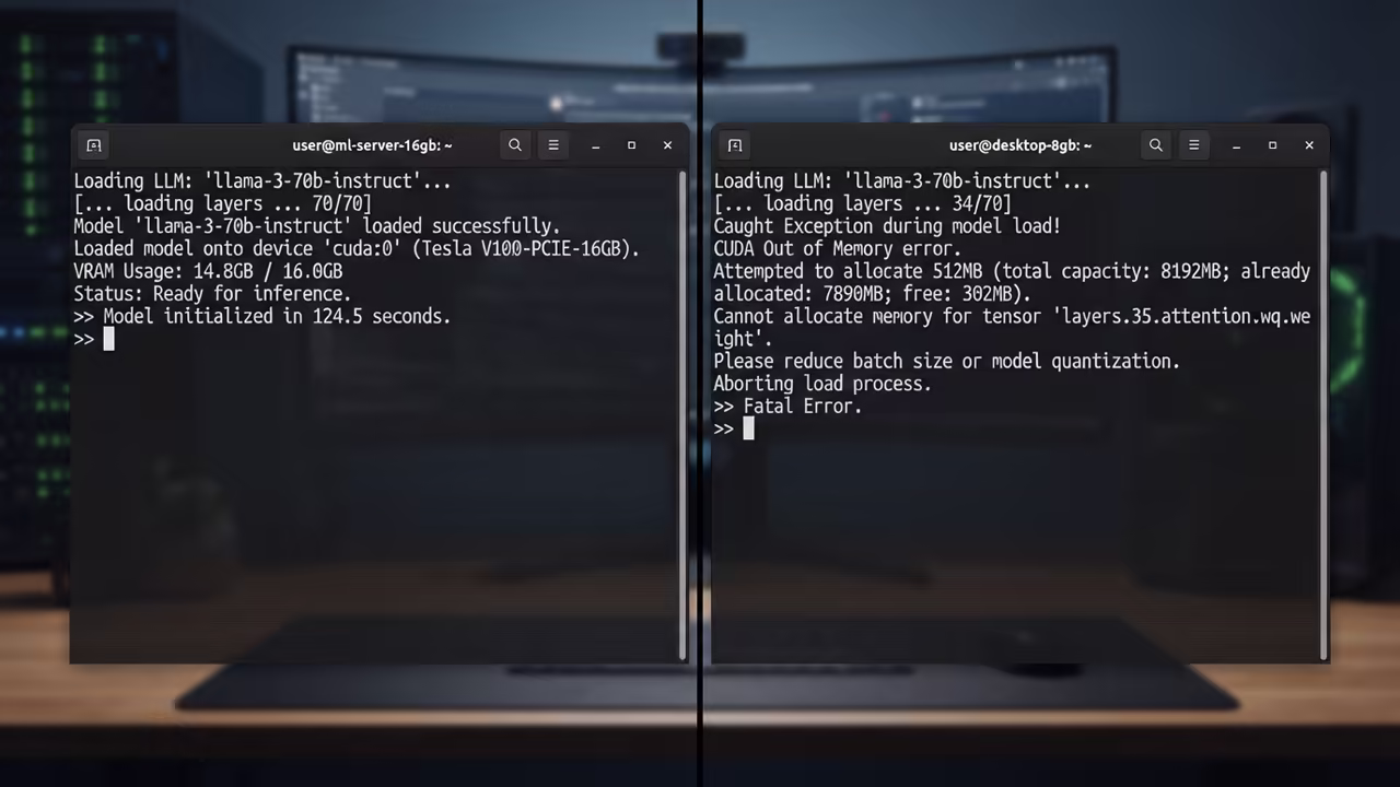 CUDA Out of Memory error vs successful load screenshot