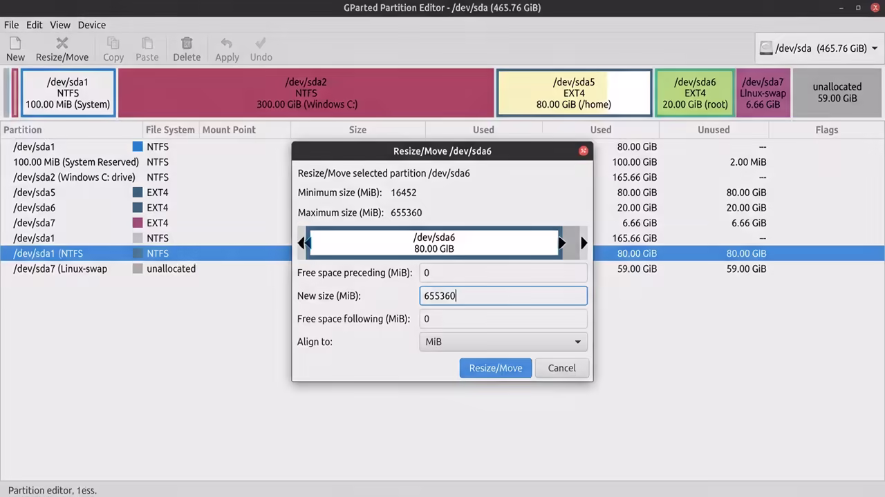 Partition editor interface showing colored disk blocks