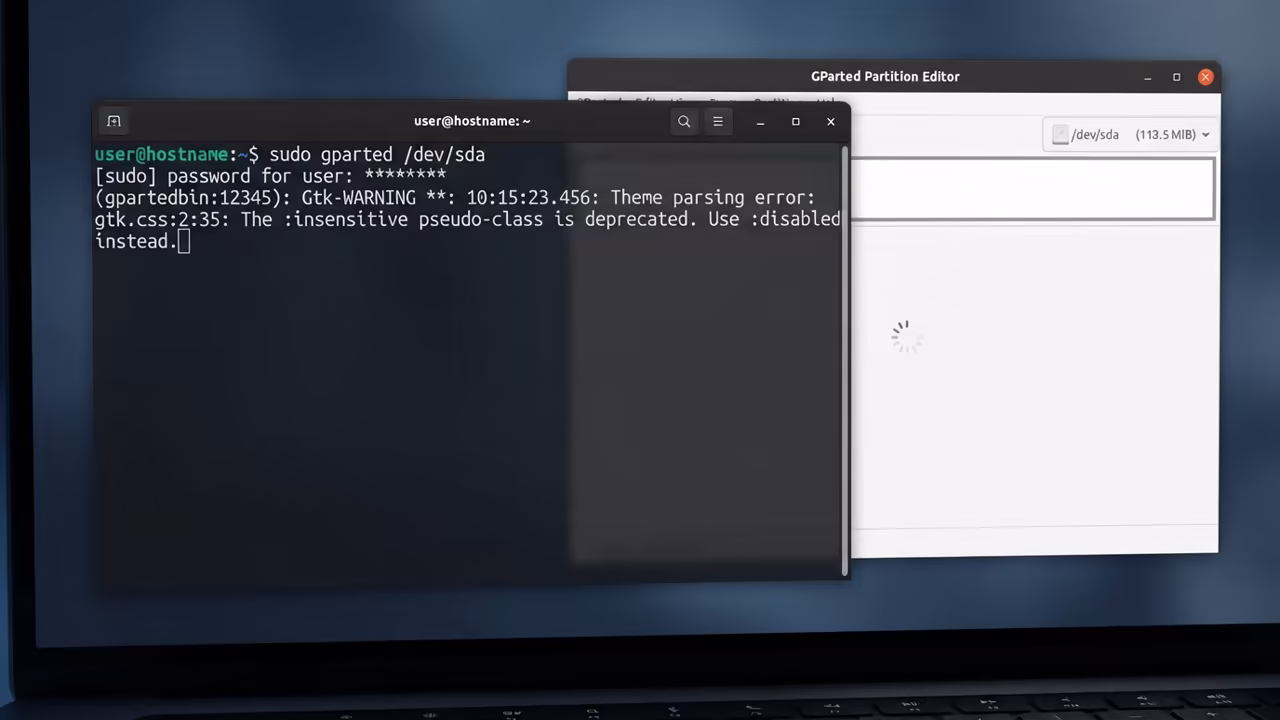 Terminal window executing sudo gparted command