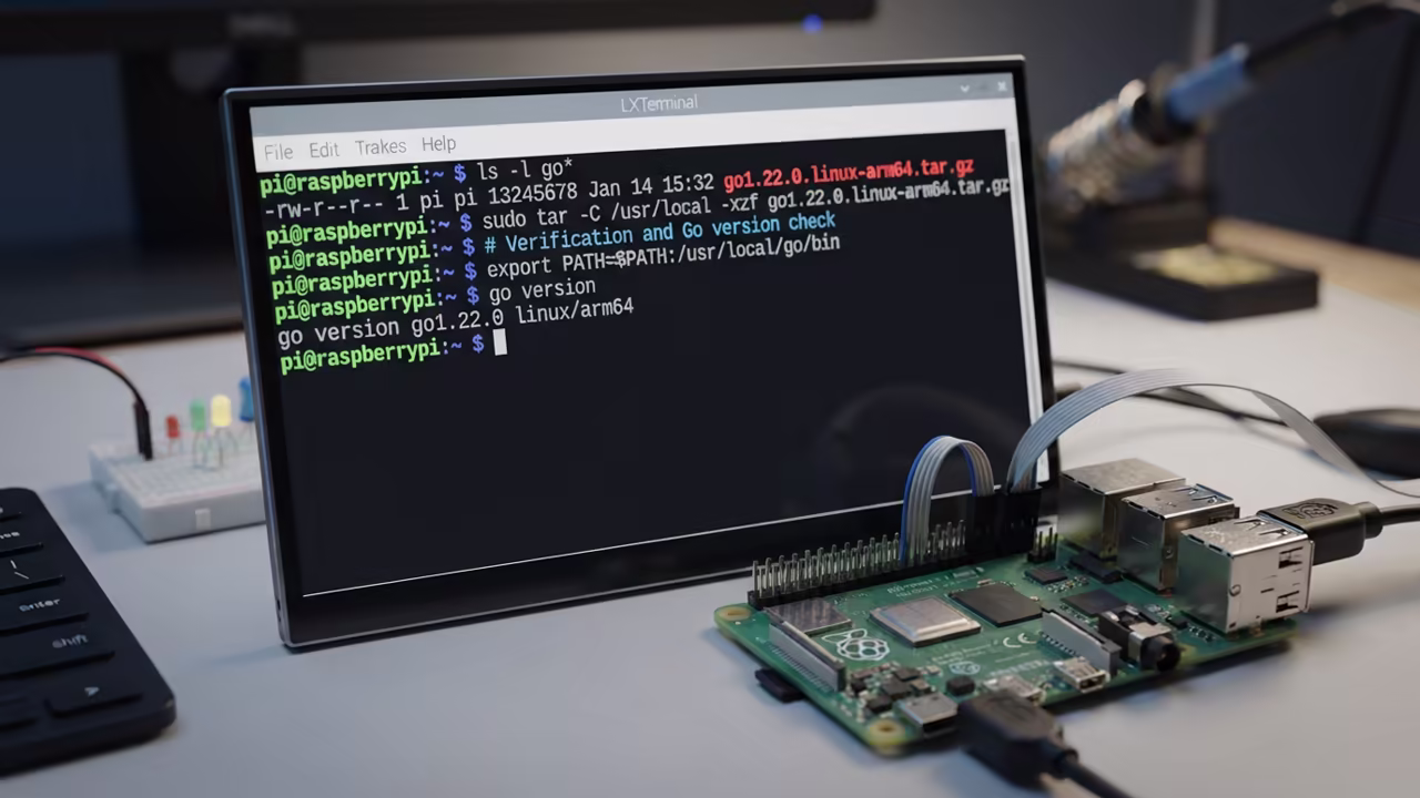 Linux terminal showing Go version output on Raspberry Pi