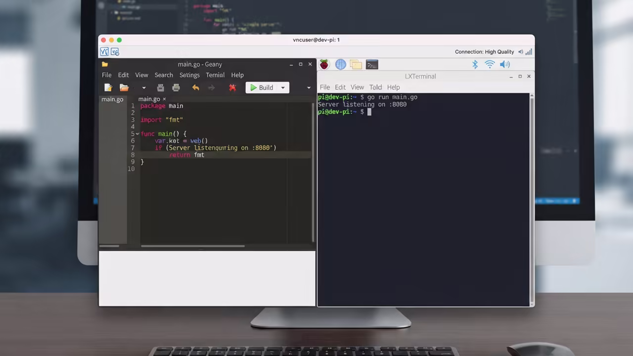 VNC remote desktop session with Geany and Terminal
