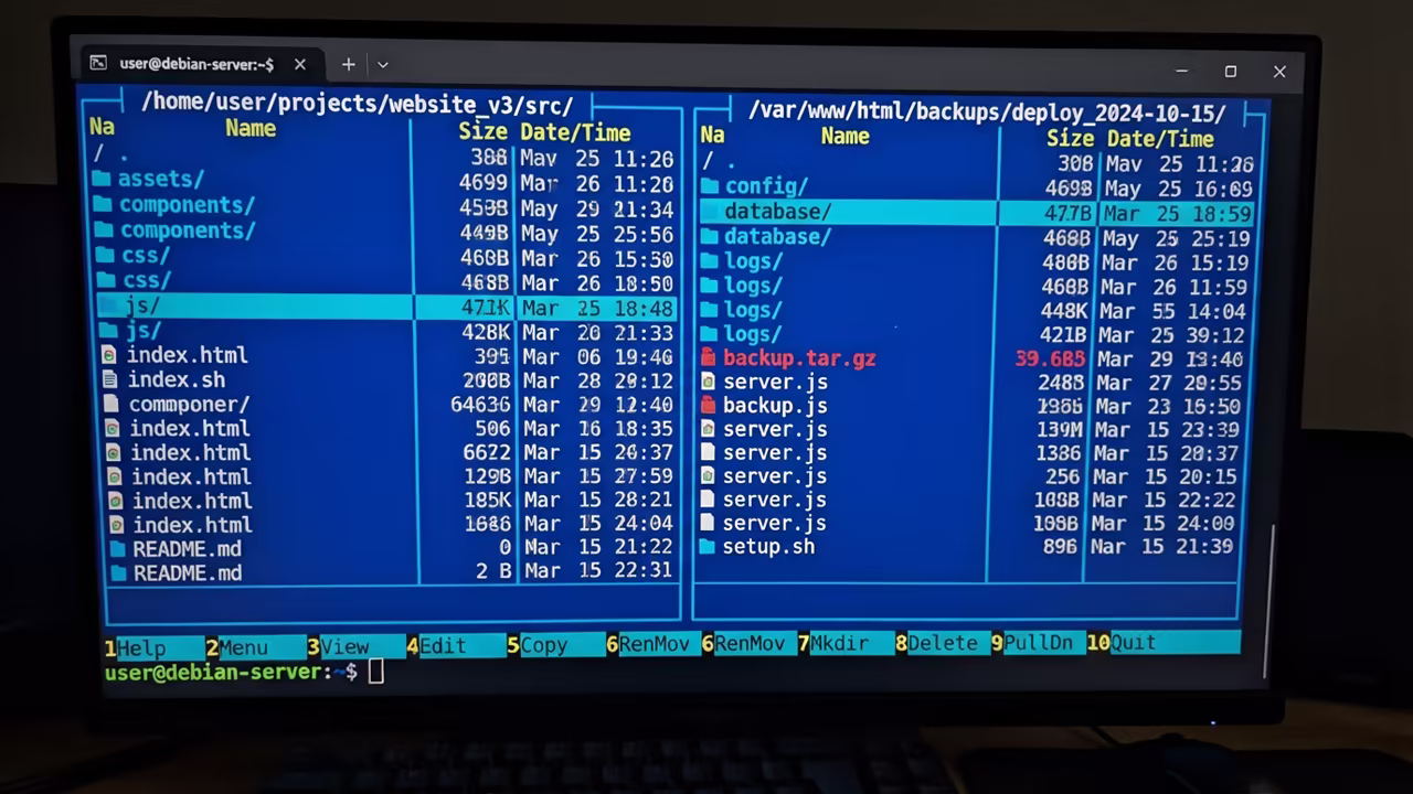 Midnight Commander dual pane interface on Raspberry Pi Zero W