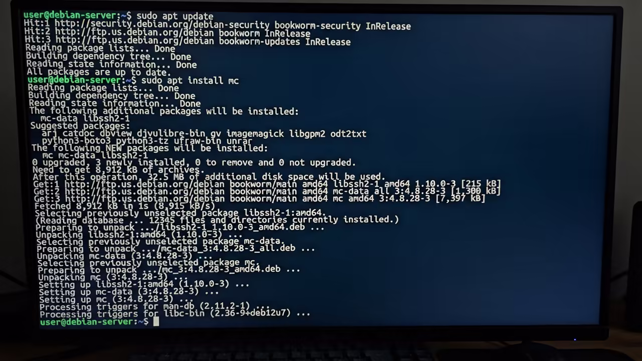 Terminal output showing successful Midnight Commander installation