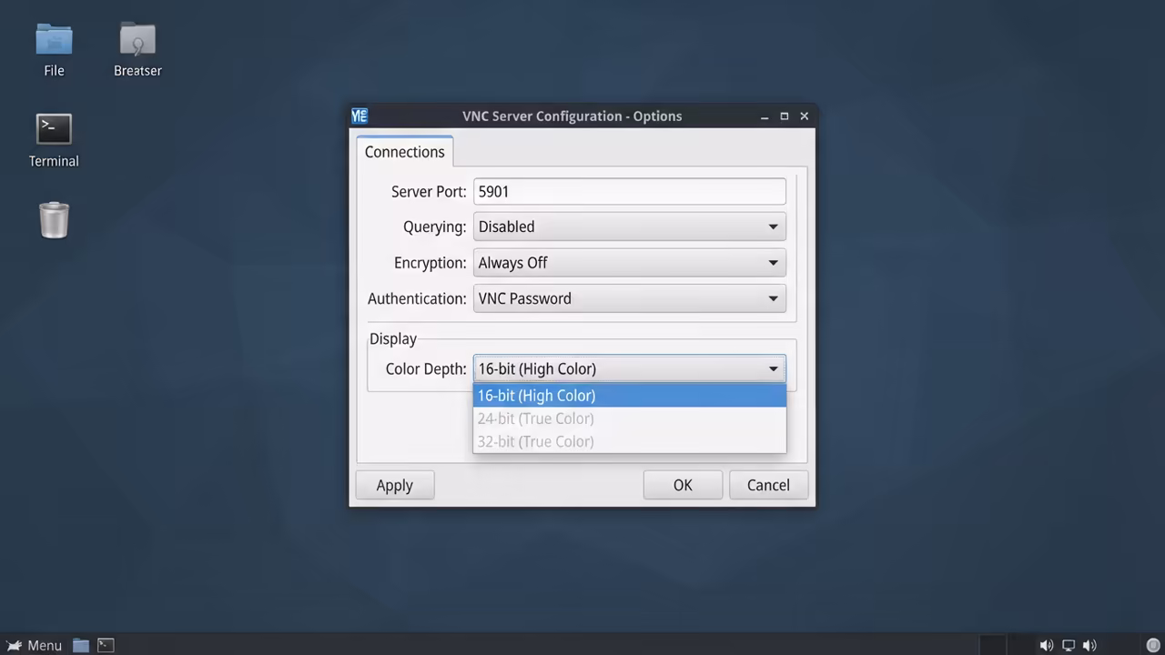 VNC server color depth settings