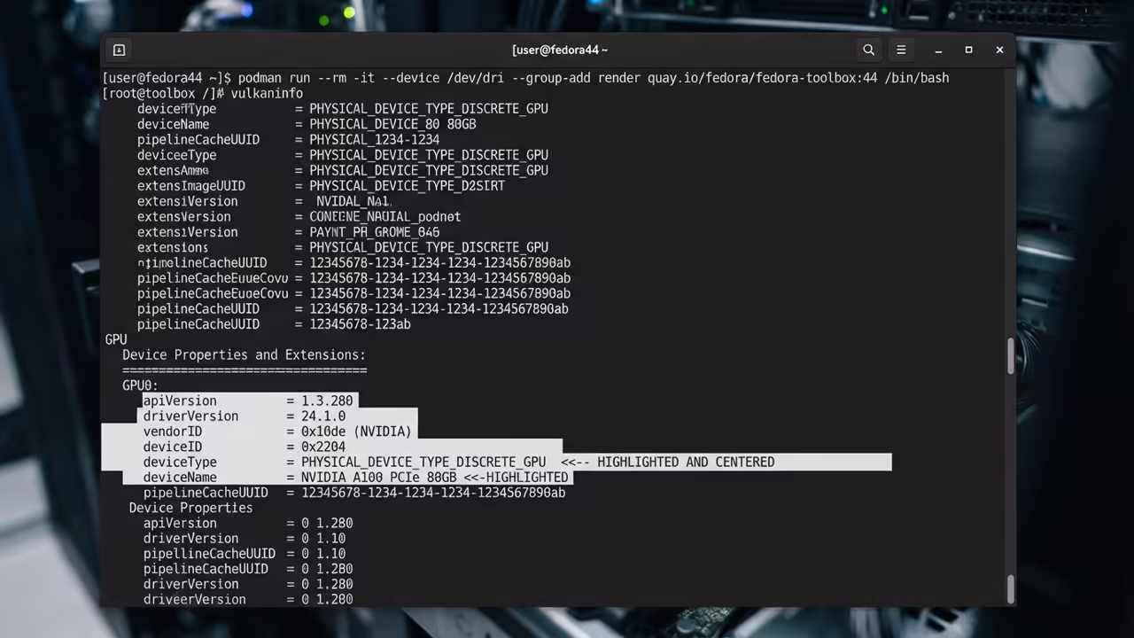 Terminal showing Podman run command and Vulkan GPU detection