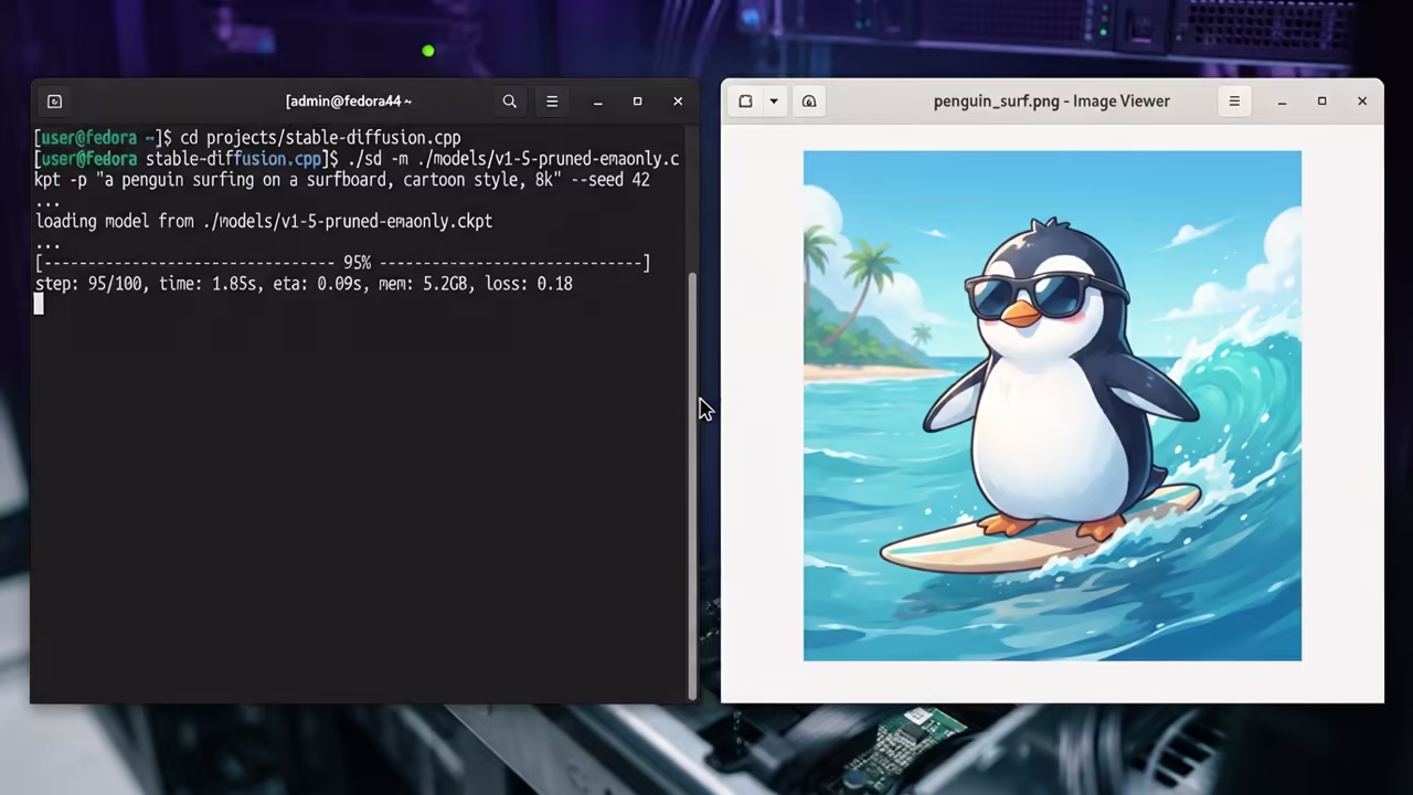Terminal progress bar and final AI image