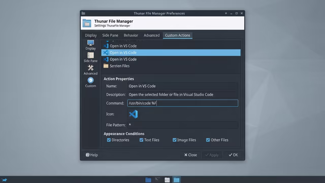 Custom Action configuration dialog