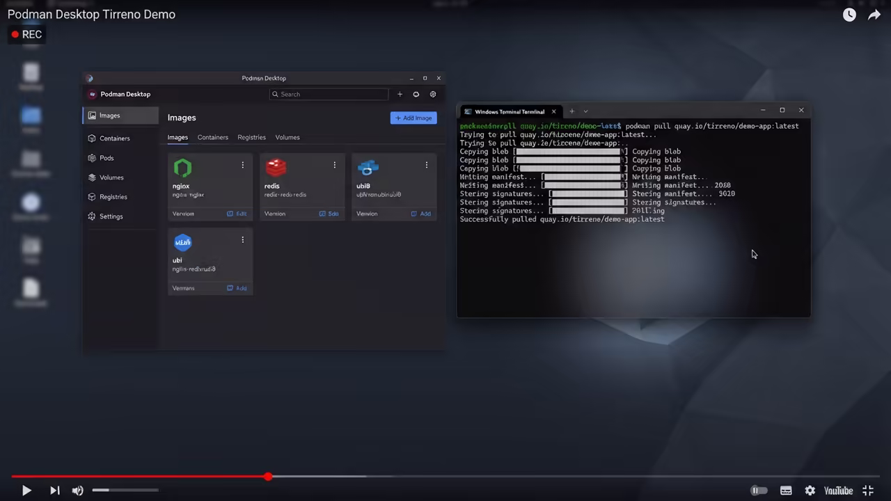 Fedora terminal showing active tirreno containers