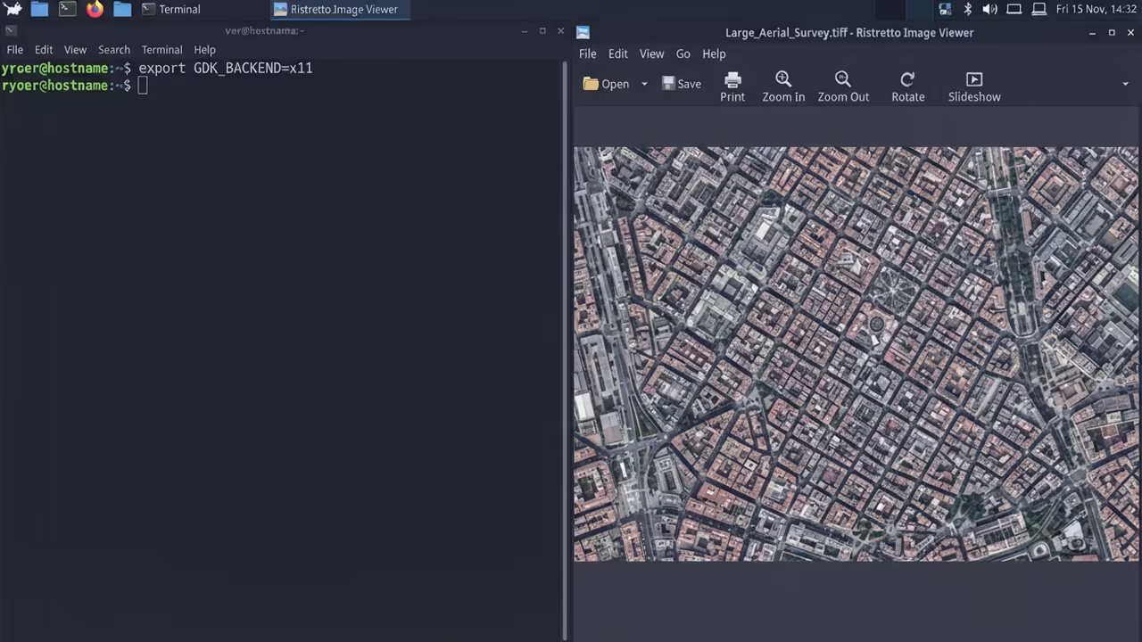Terminal running GDK_BACKEND export and Ristretto opening a TIFF file