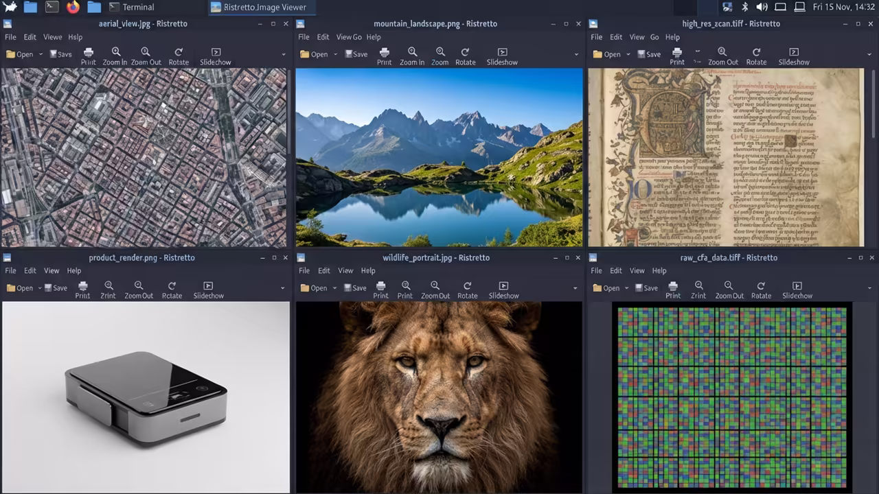 Grid of multiple Ristretto windows displaying different image formats