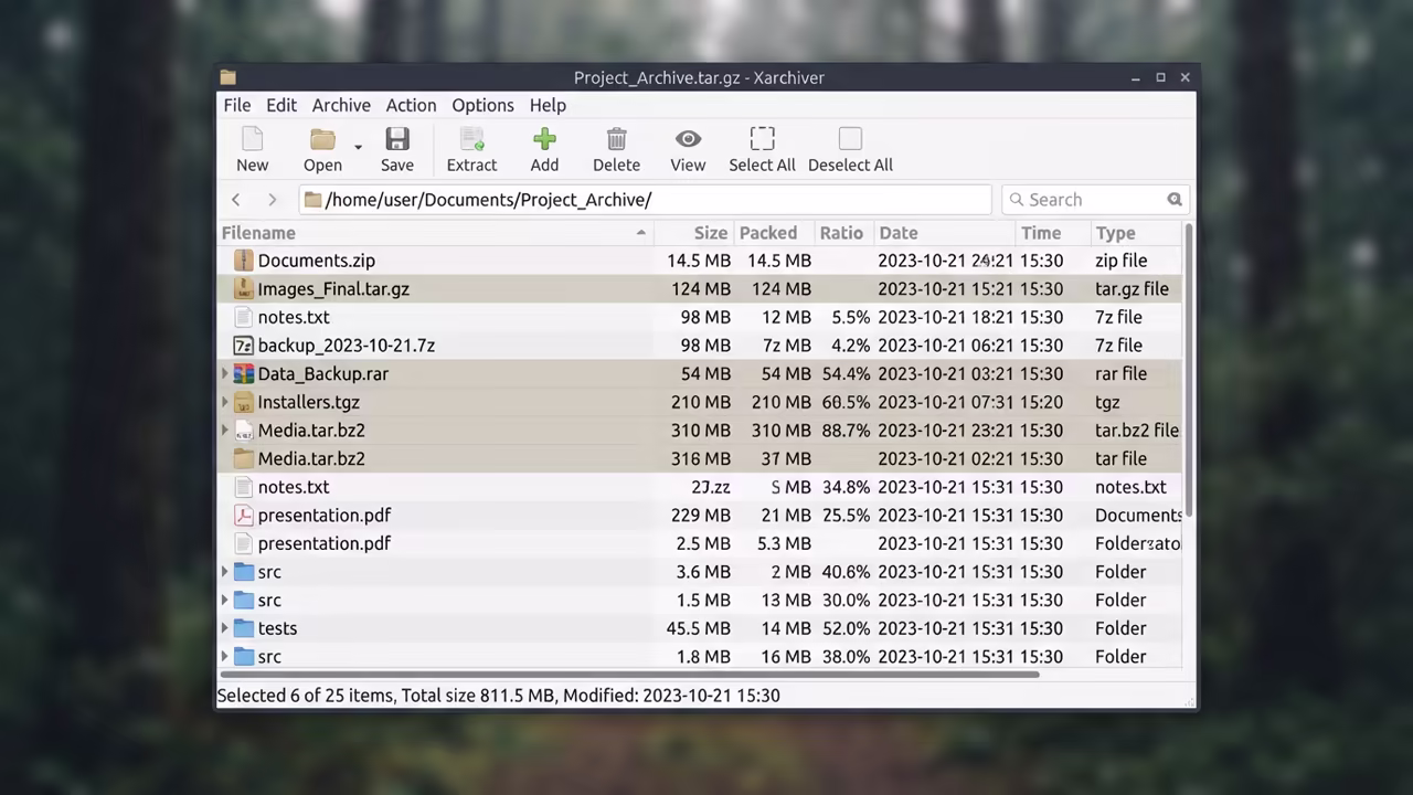 Xarchiver main interface showing a list of compressed files